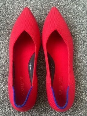 Rothy's Bright Red Pointed Knit Flats with Blue Trim
